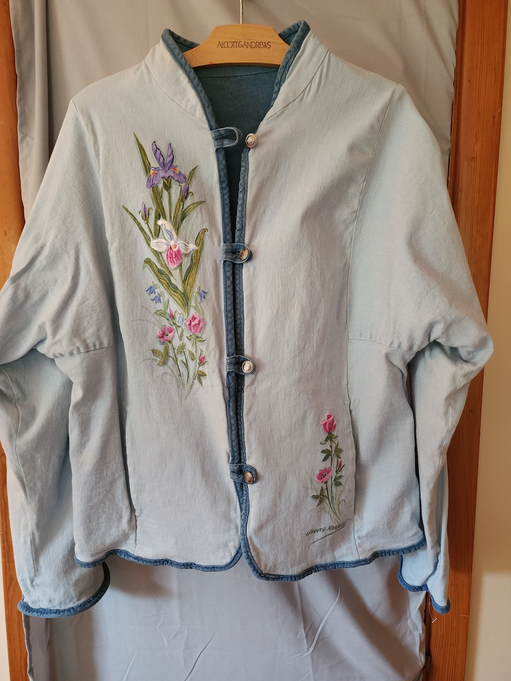 Judith Horne Hand Painted Floral Jacket| Light Blue Cotton|Size Large|